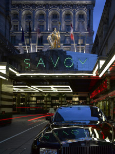 Savoy Hotel, entrance at dusk.